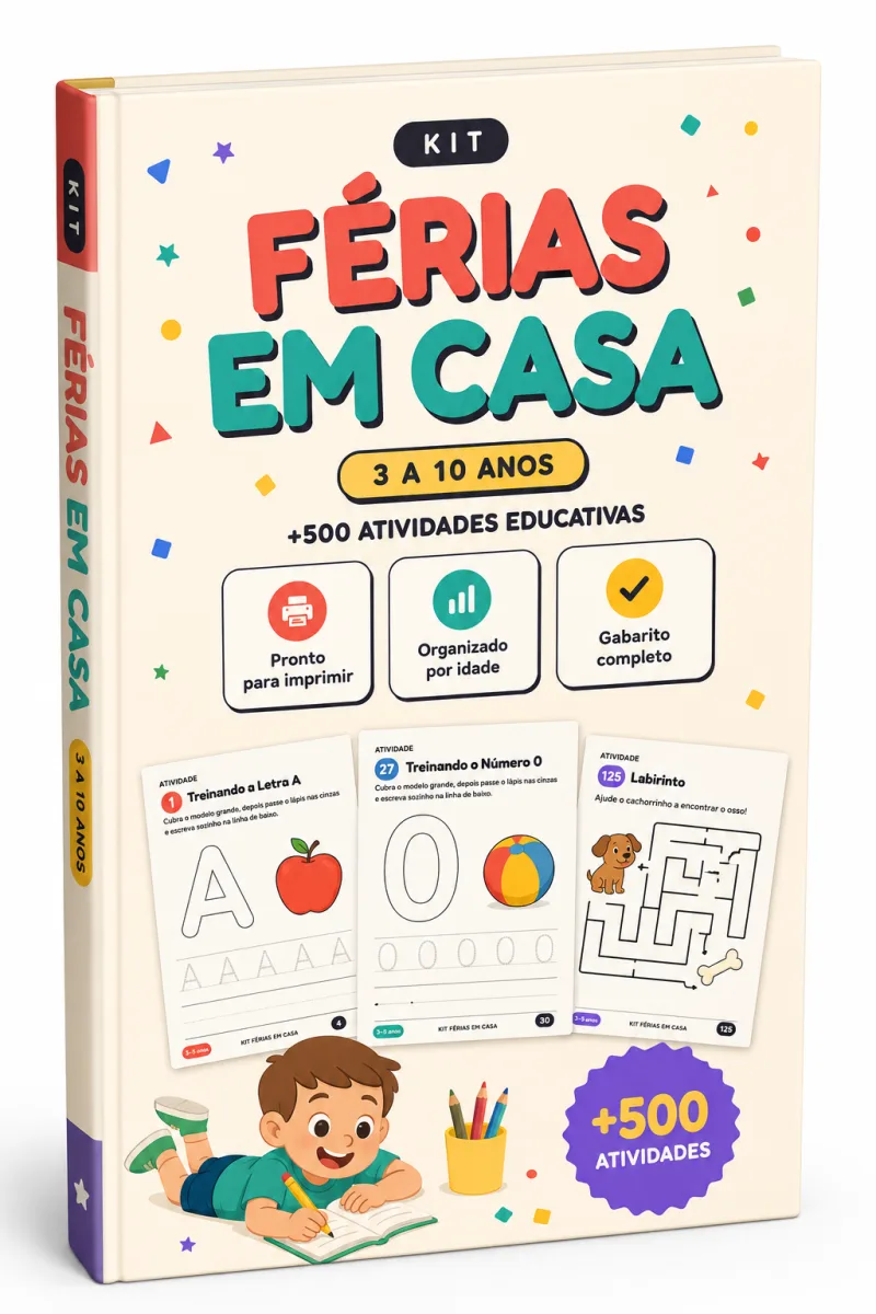 Capa do Kit Férias em Casa, um caderno de atividades para imprimir de 3 a 10 anos